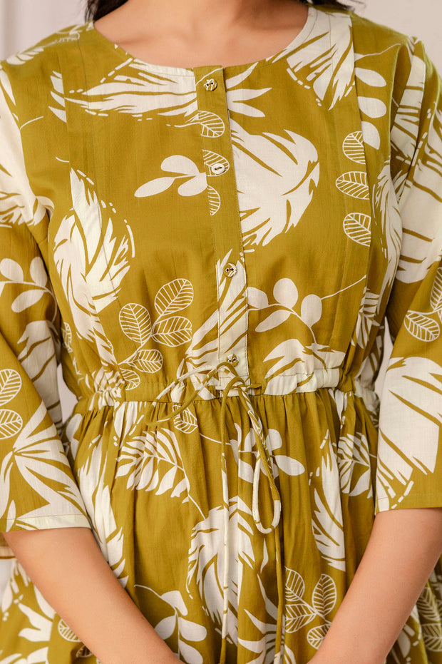 Olive Tropical Printed Maternity Dress for Women
