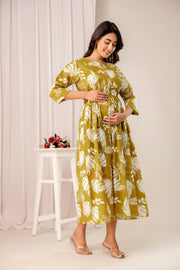 Olive Tropical Printed Maternity Dress for Women