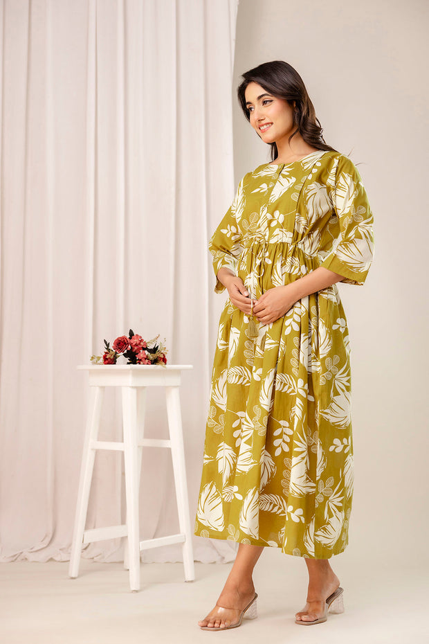 Olive Tropical Printed Maternity Dress for Women