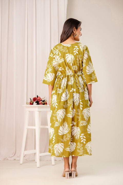 Olive Tropical Printed Maternity Dress for Women