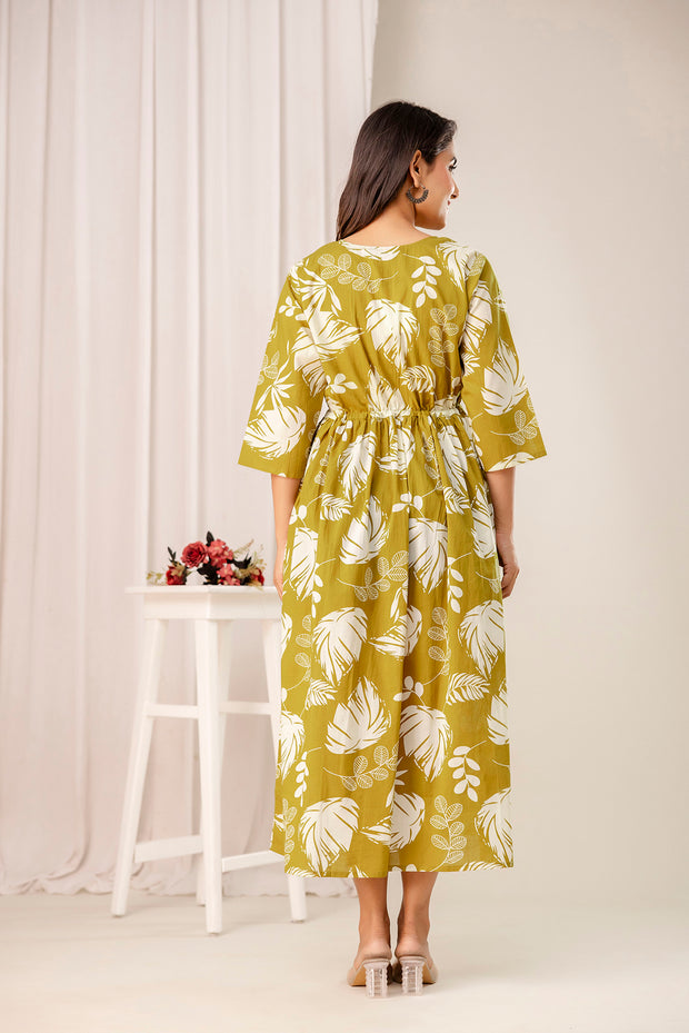 Olive Tropical Printed Maternity Dress for Women