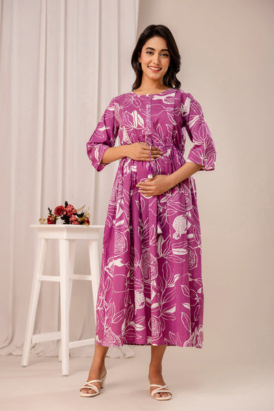 Lavender Printed Maternity Dress fro Women