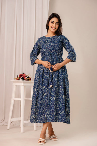 Blue Printed Maternity Dress fro Women