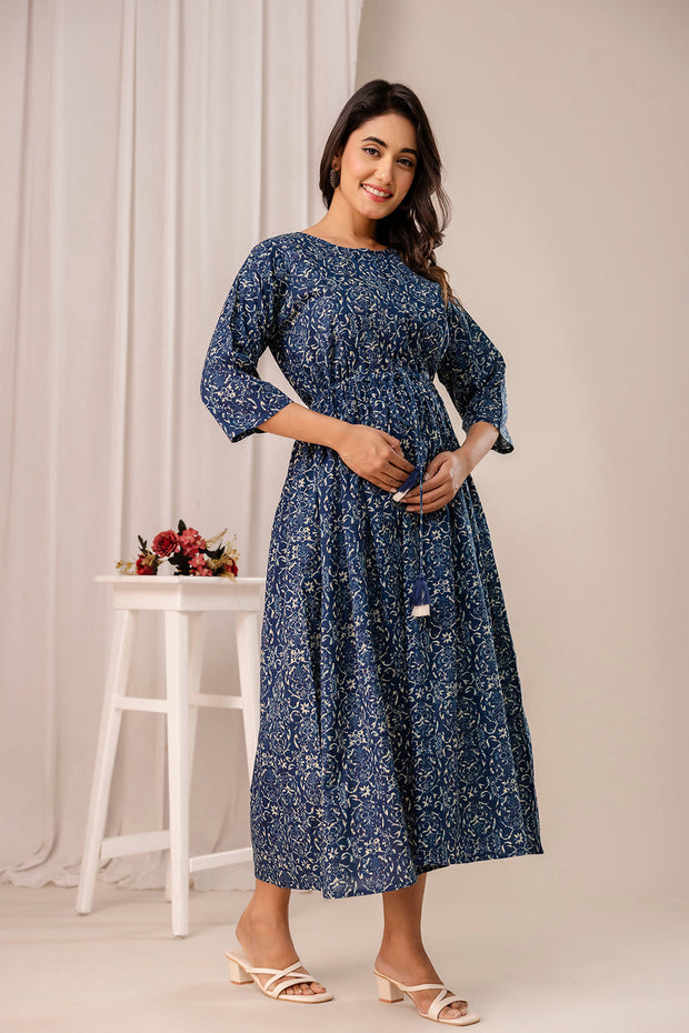 Blue Printed Maternity Dress fro Women