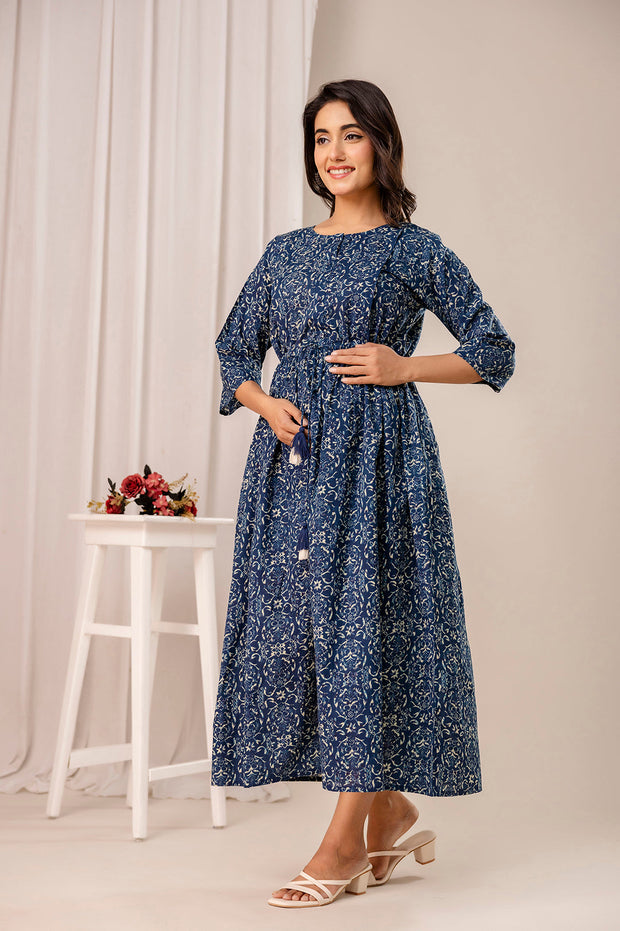 Blue Printed Maternity Dress fro Women