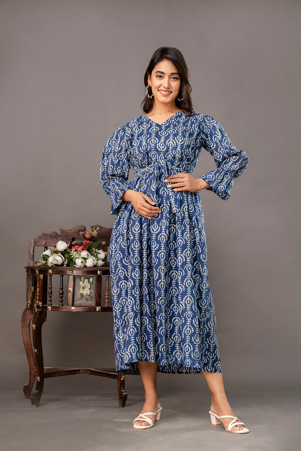 Blue Printed Maternity Dress fro Women