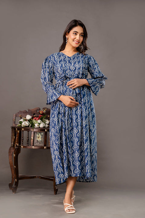 Blue Printed Maternity Dress fro Women