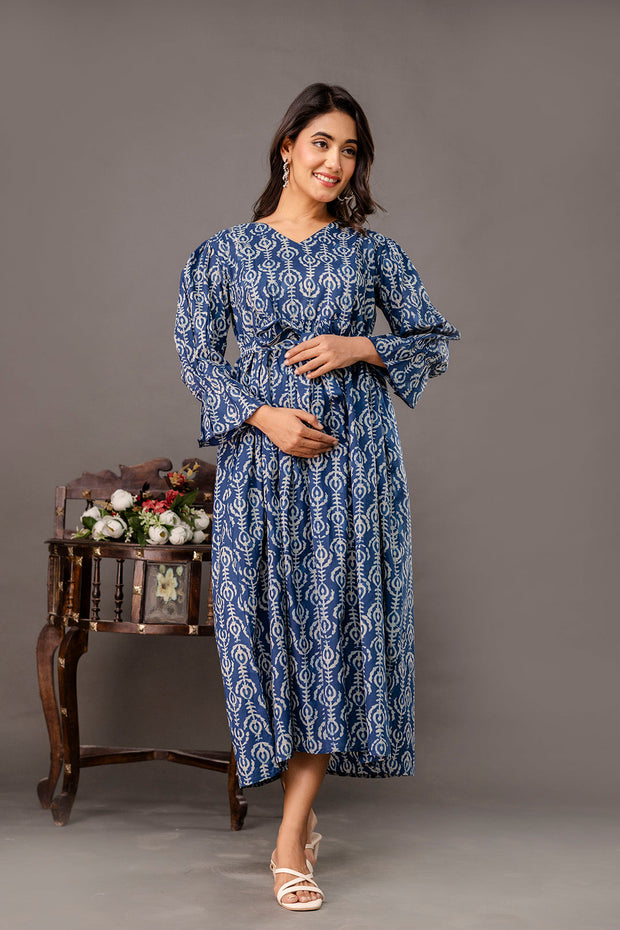 Blue Printed Maternity Dress fro Women