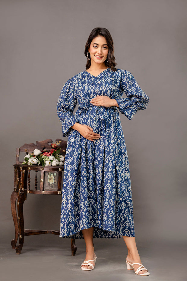 Blue Printed Maternity Dress fro Women