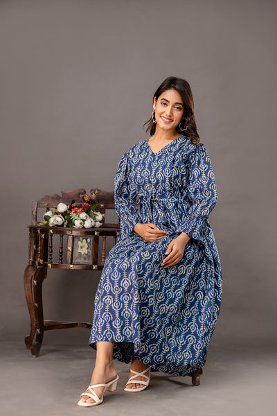 Blue Printed Maternity Dress fro Women