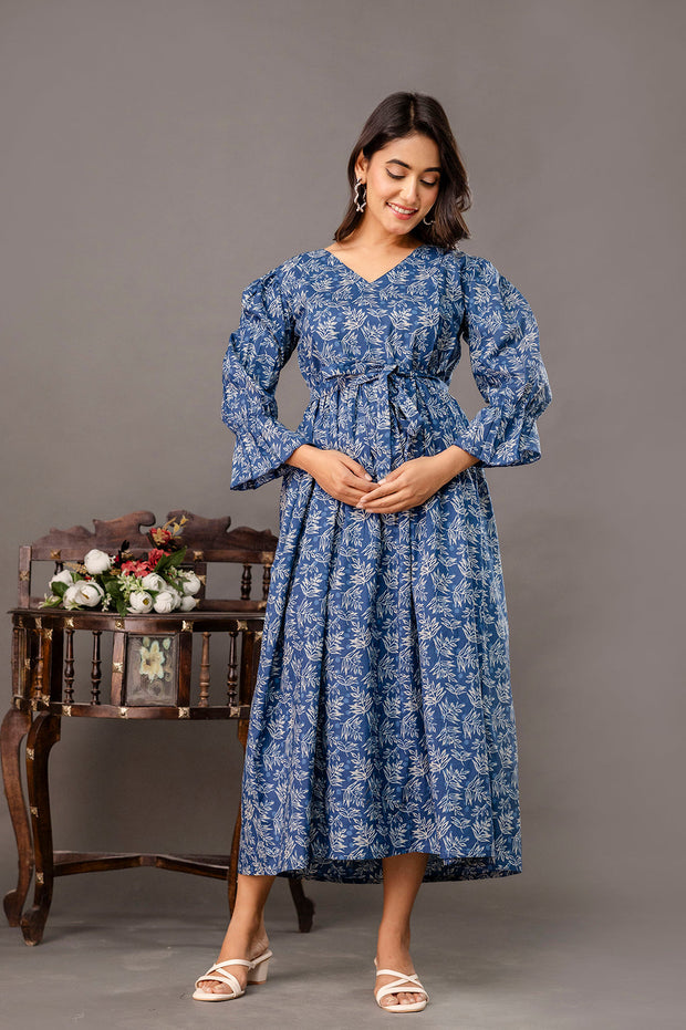 Blue Printed Maternity Dress fro Women