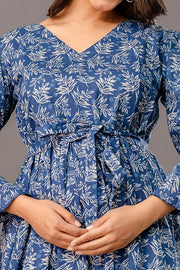 Blue Printed Maternity Dress fro Women