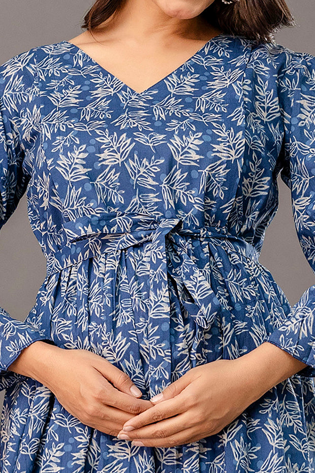 Blue Printed Maternity Dress fro Women