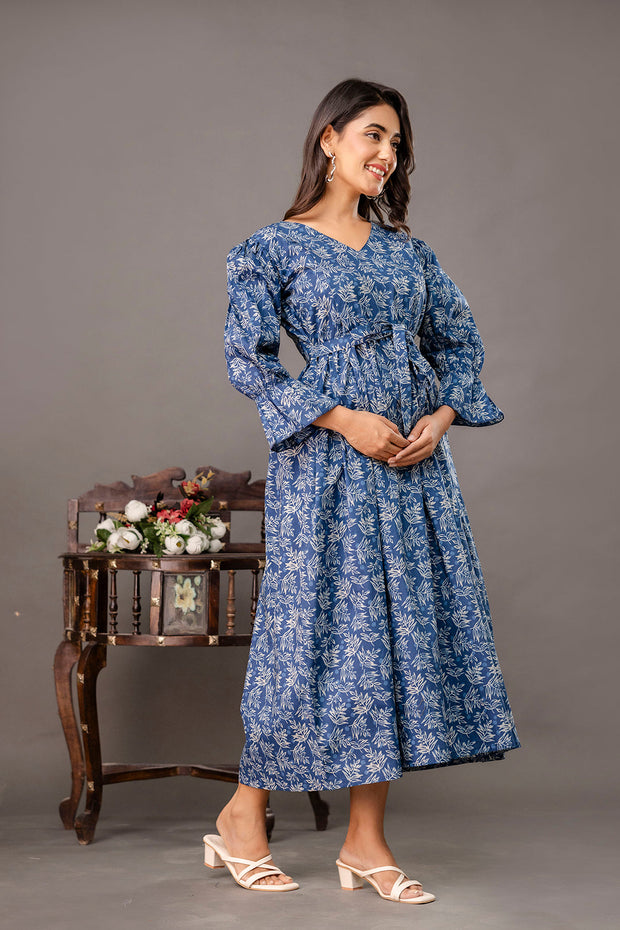 Blue Printed Maternity Dress fro Women