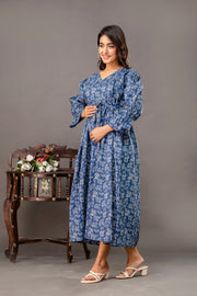 Blue Printed Maternity Dress fro Women