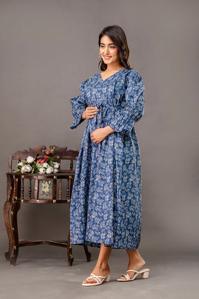Blue Printed Maternity Dress fro Women