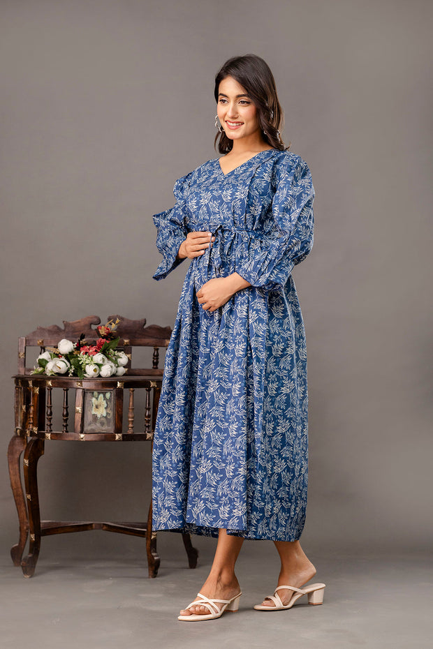 Blue Printed Maternity Dress fro Women
