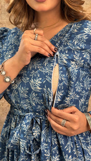 Blue Printed Maternity Dress fro Women