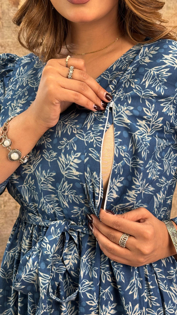 Blue Printed Maternity Dress fro Women