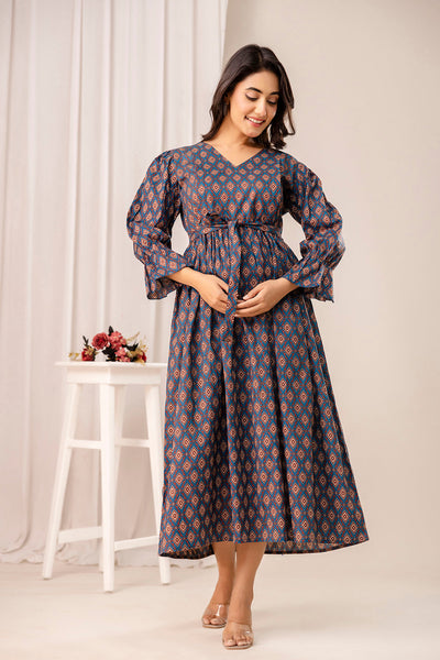 Teal Printed Maternity Dress for Women