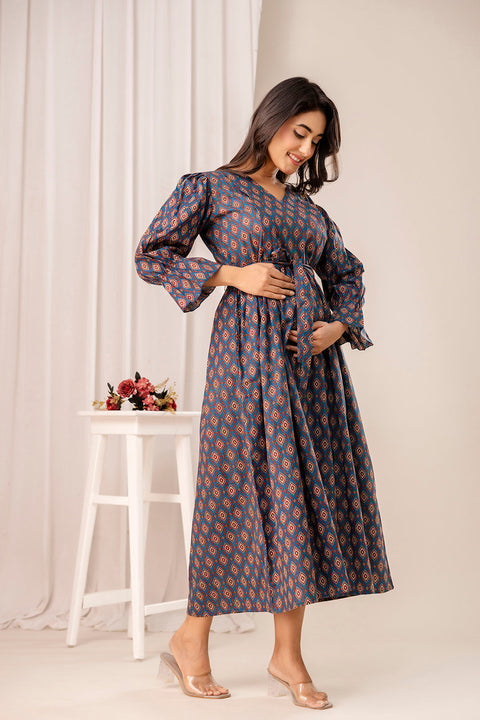 Teal Printed Maternity Dress for Women