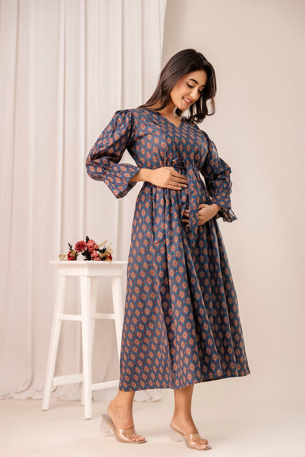 Teal Printed Maternity Dress for Women