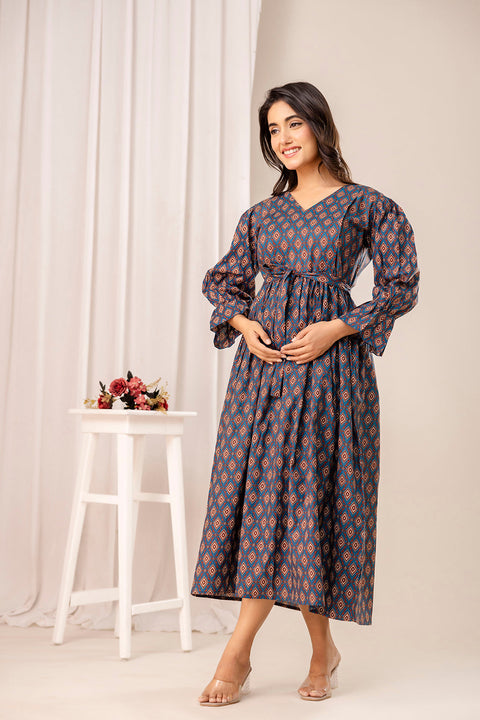 Teal Printed Maternity Dress for Women