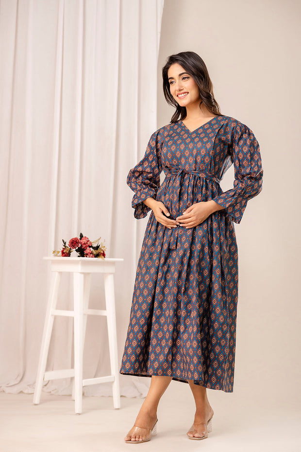 Teal Printed Maternity Dress for Women