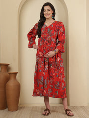 Red Floral Printed Maternity Dress fro Women