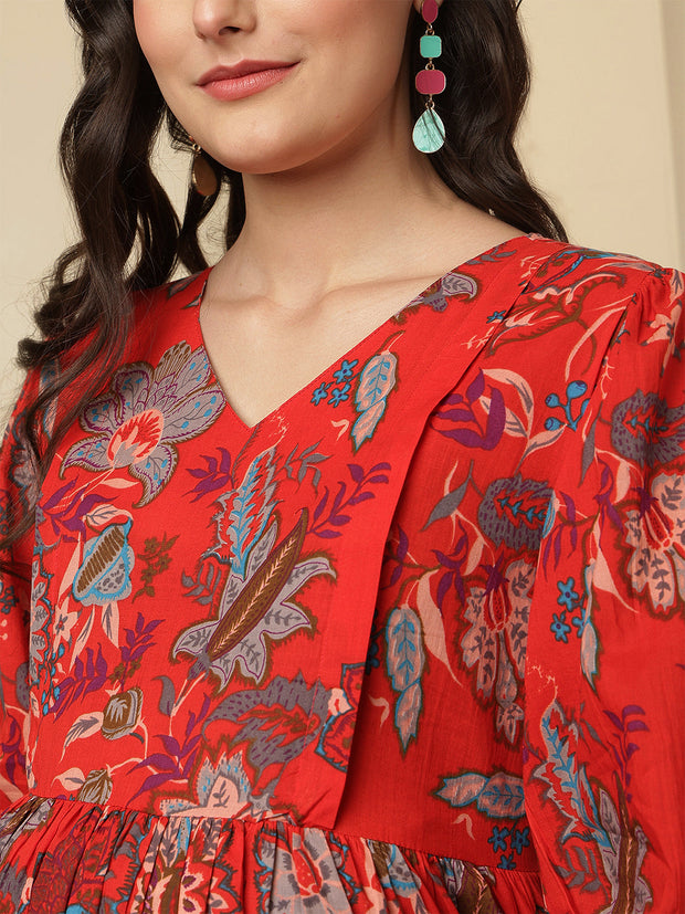 Red Floral Printed Maternity Dress fro Women
