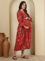 Red Floral Printed Maternity Dress fro Women