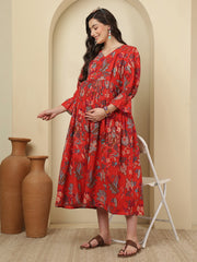 Red Floral Printed Maternity Dress fro Women