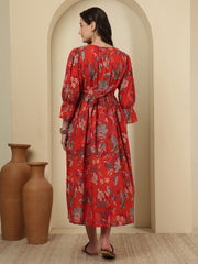 Red Floral Printed Maternity Dress fro Women
