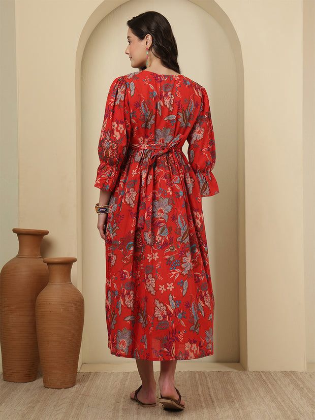 Red Floral Printed Maternity Dress fro Women