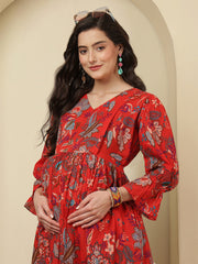 Red Floral Printed Maternity Dress fro Women