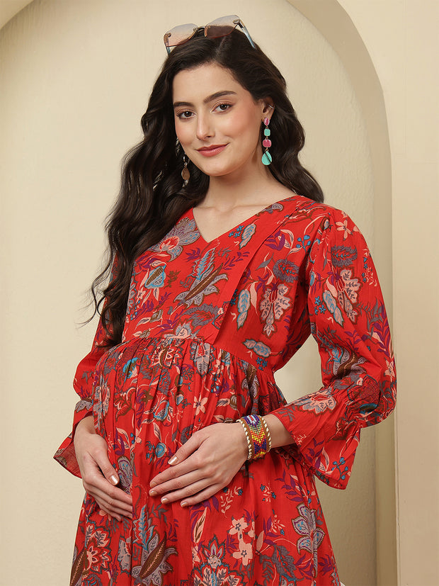 Red Floral Printed Maternity Dress fro Women
