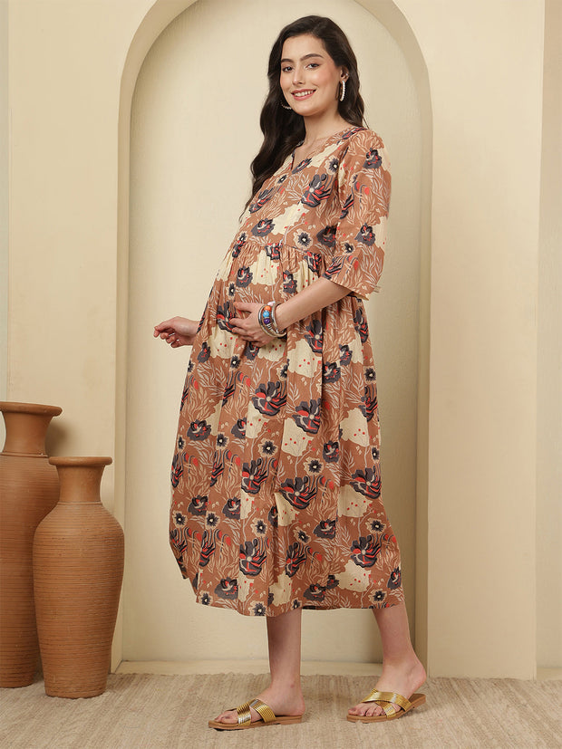 Floral Printed Maternity Dress fro Women