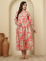 Peach Floral Printed Maternity Dress fro Women