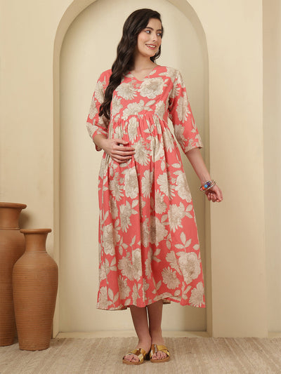 Peach Floral Printed Maternity Dress fro Women