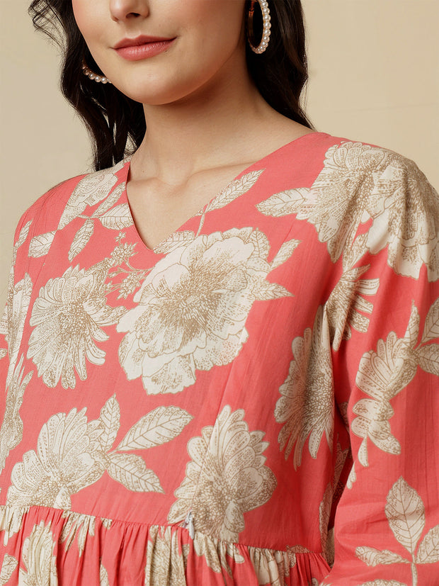 Peach Floral Printed Maternity Dress fro Women