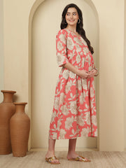 Peach Floral Printed Maternity Dress fro Women
