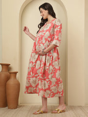 Peach Floral Printed Maternity Dress fro Women