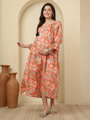 Peach Floral Printed Maternity Dress fro Women