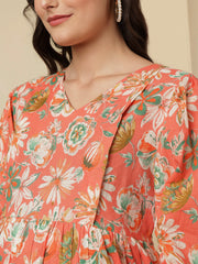 Peach Floral Printed Maternity Dress fro Women