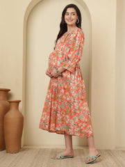 Peach Floral Printed Maternity Dress fro Women