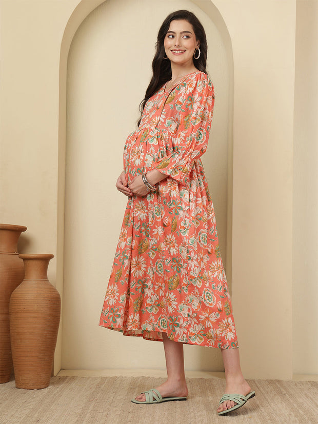 Peach Floral Printed Maternity Dress fro Women