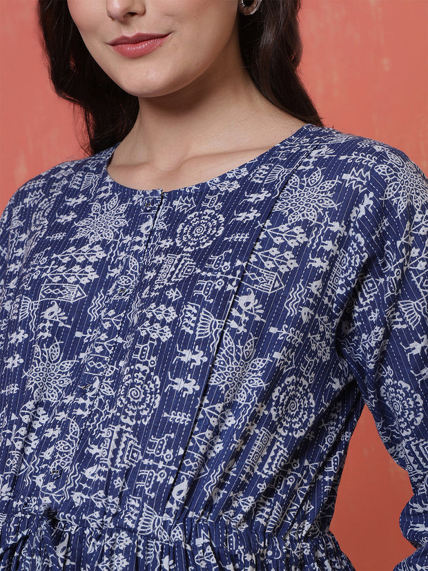 Blue Printed Maternity Dress fro Women