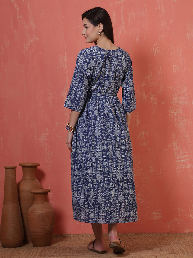 Blue Printed Maternity Dress fro Women