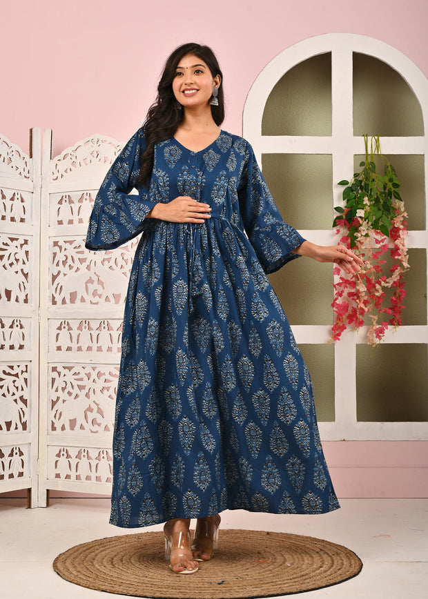 Blue Printed Maternity Dress fro Women