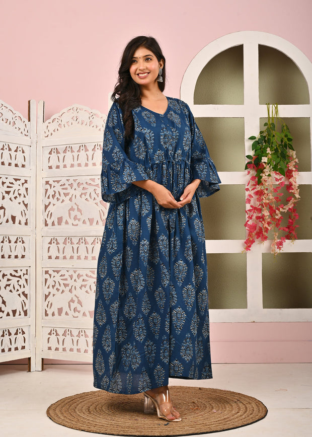 Blue Printed Maternity Dress fro Women